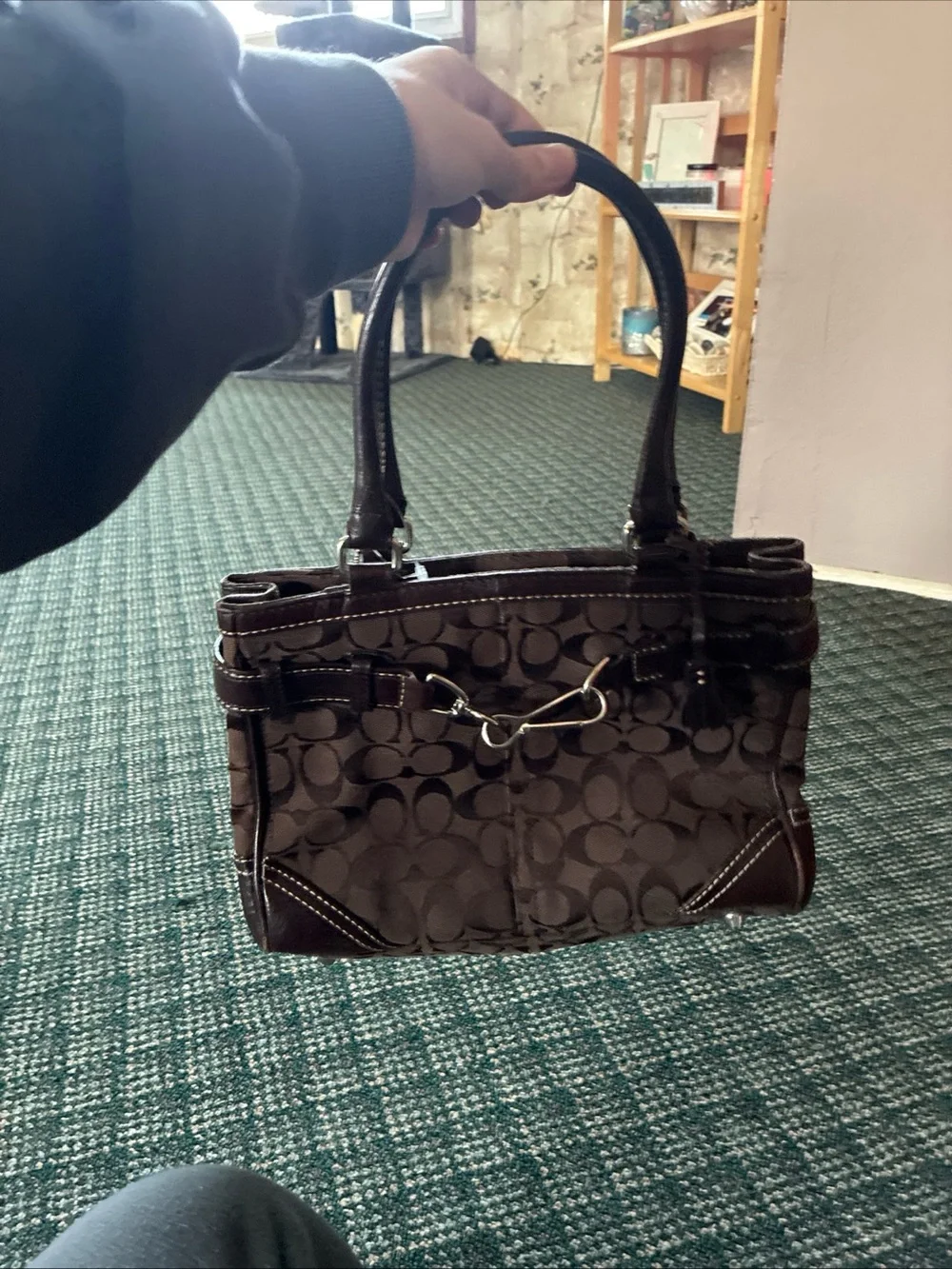 Coach Dark Brown Signature Canvas Satchel with Leather Trim